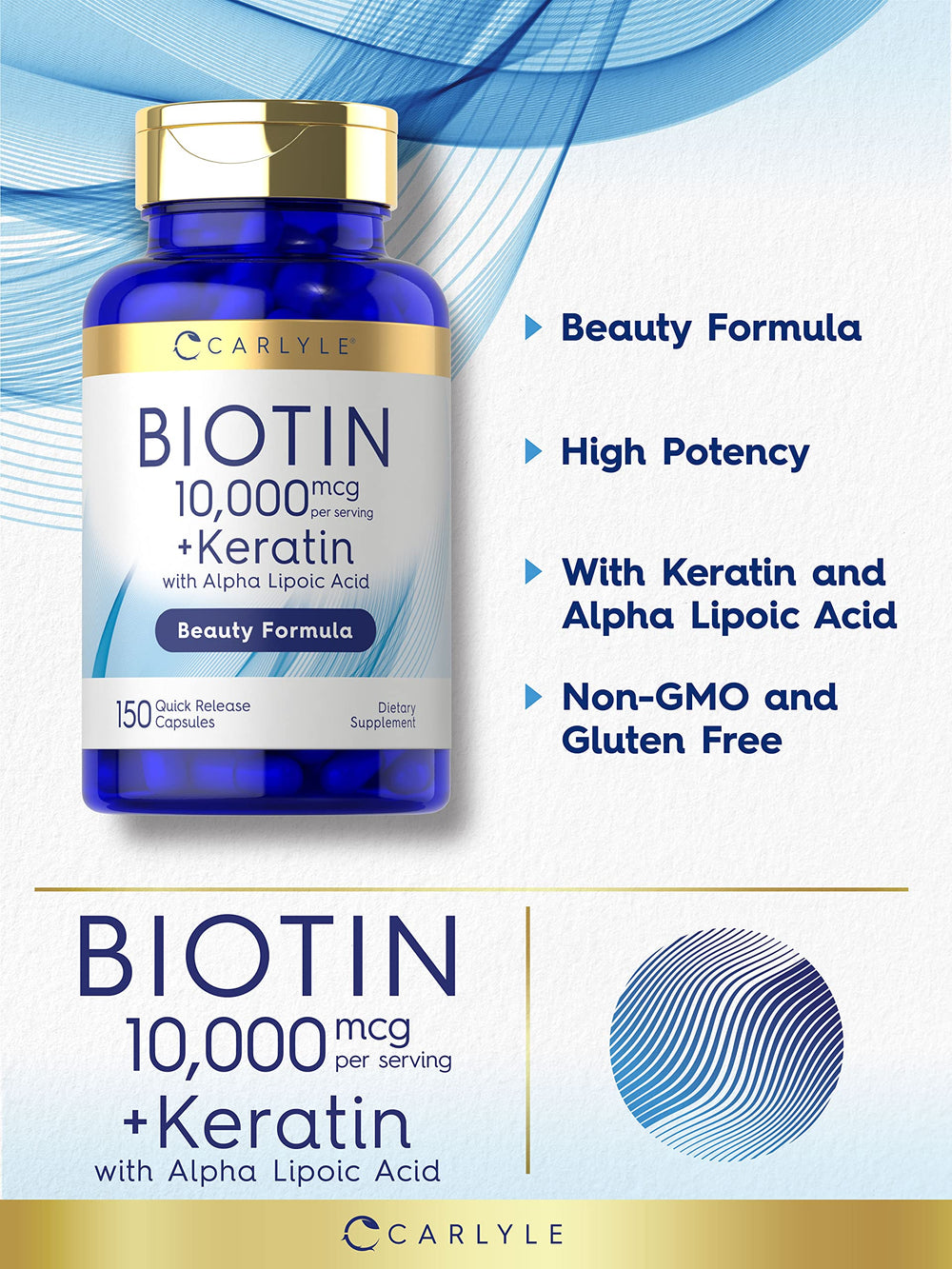 Carlyle Biotin 10000mcg bottle side view emphasizes gluten-free, non-GMO formulation.