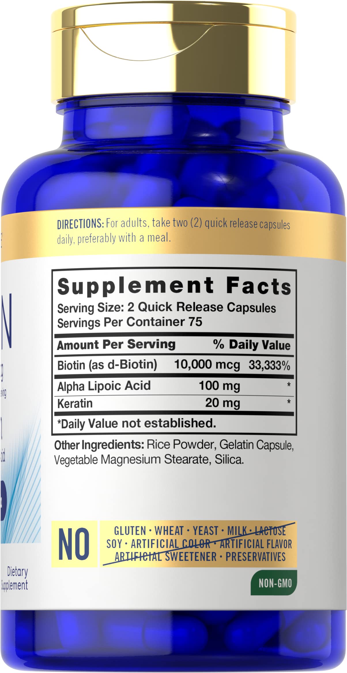 Carlyle Biotin 10000mcg capsules inside bottle illustrate high potency for beauty routines.