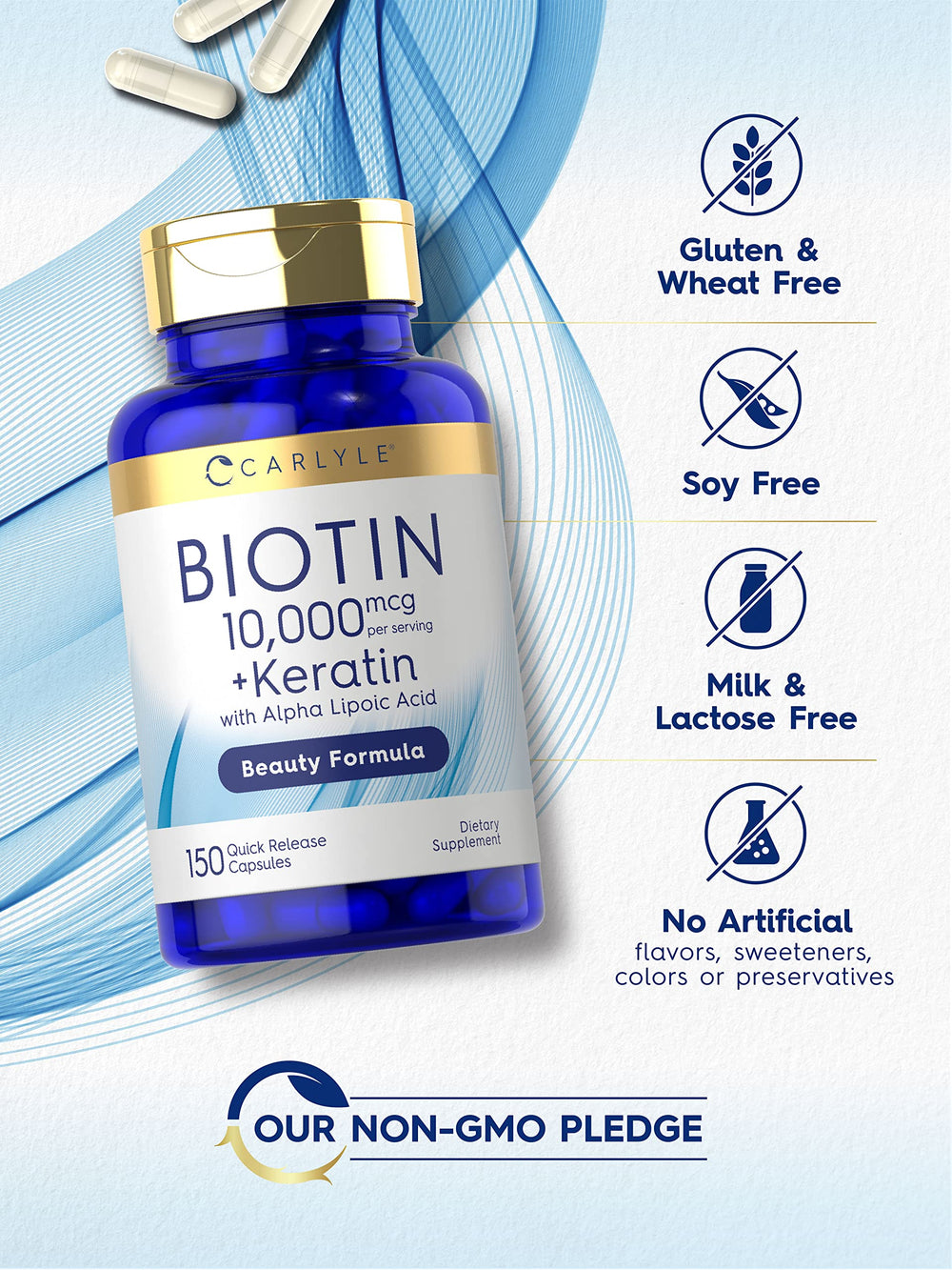 Carlyle Biotin label close-up reveals ingredients like keratin and ALA for daily beauty.