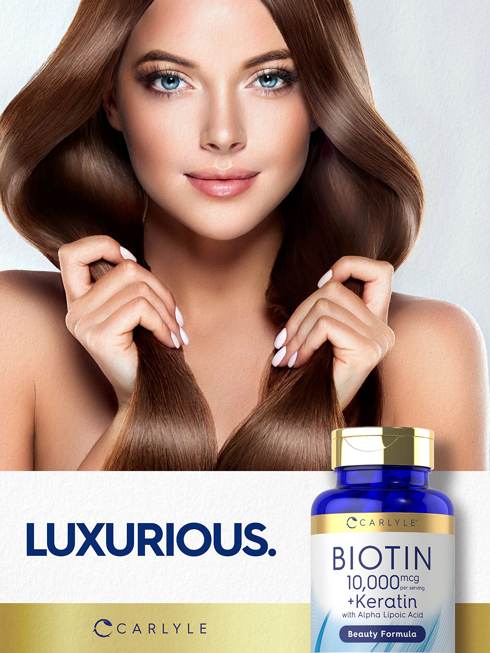 Carlyle Biotin bottle with information card highlights non-GMO and gluten-free status.