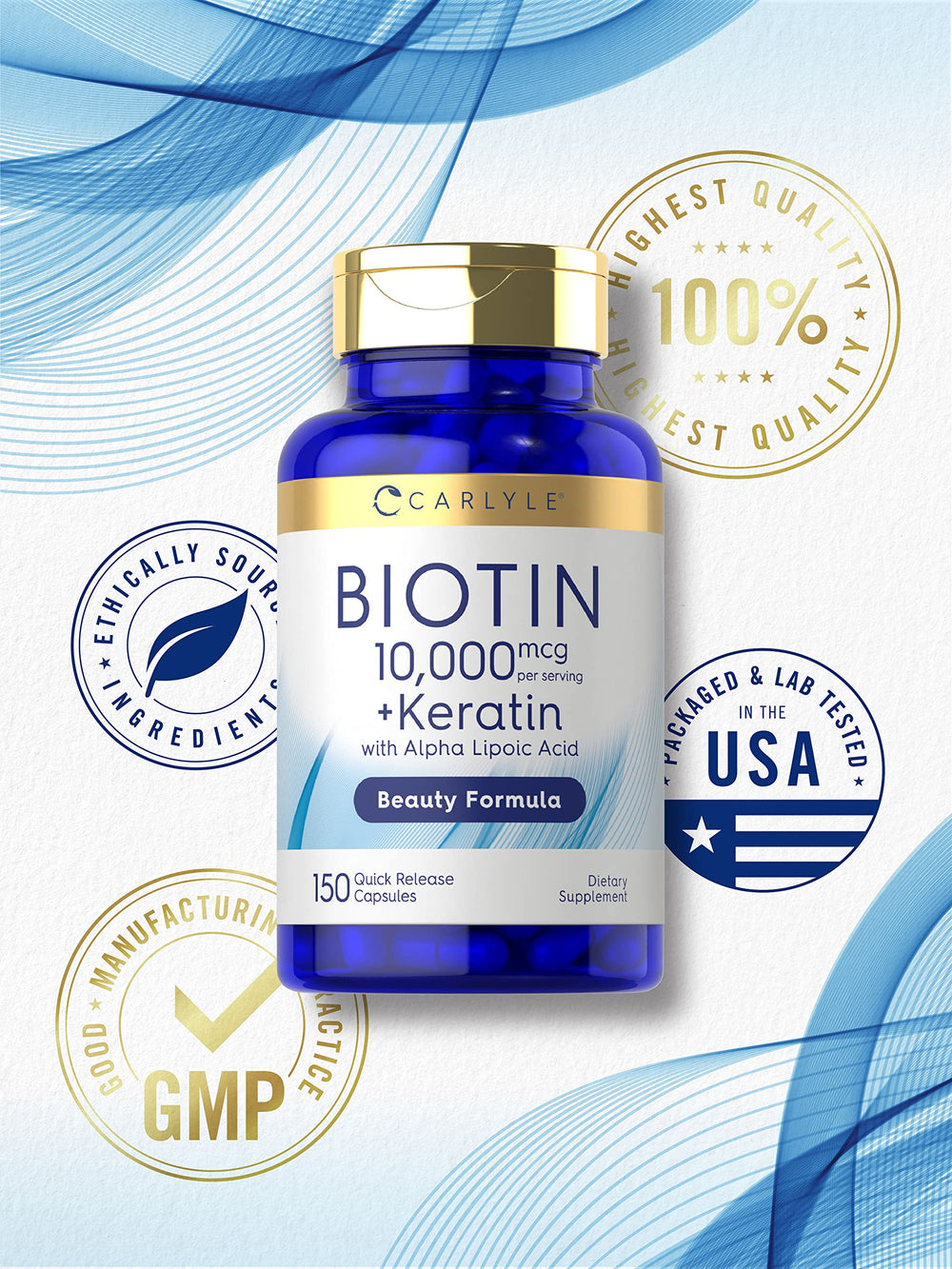 Carlyle Biotin packaging shot communicates premium wellness and trusted quality.