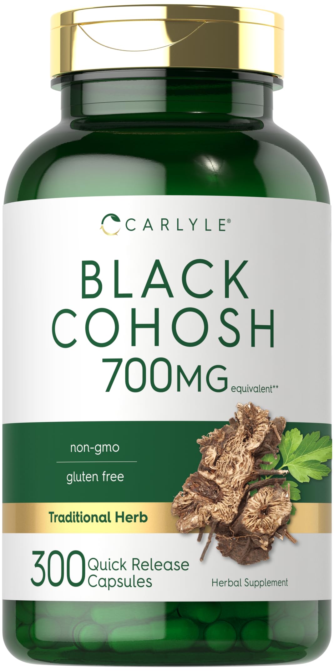 Carlyle Black Cohosh capsules in a bottle, gluten-free and non-GMO.