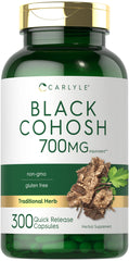 Carlyle Black Cohosh capsules in a bottle, gluten-free and non-GMO.
