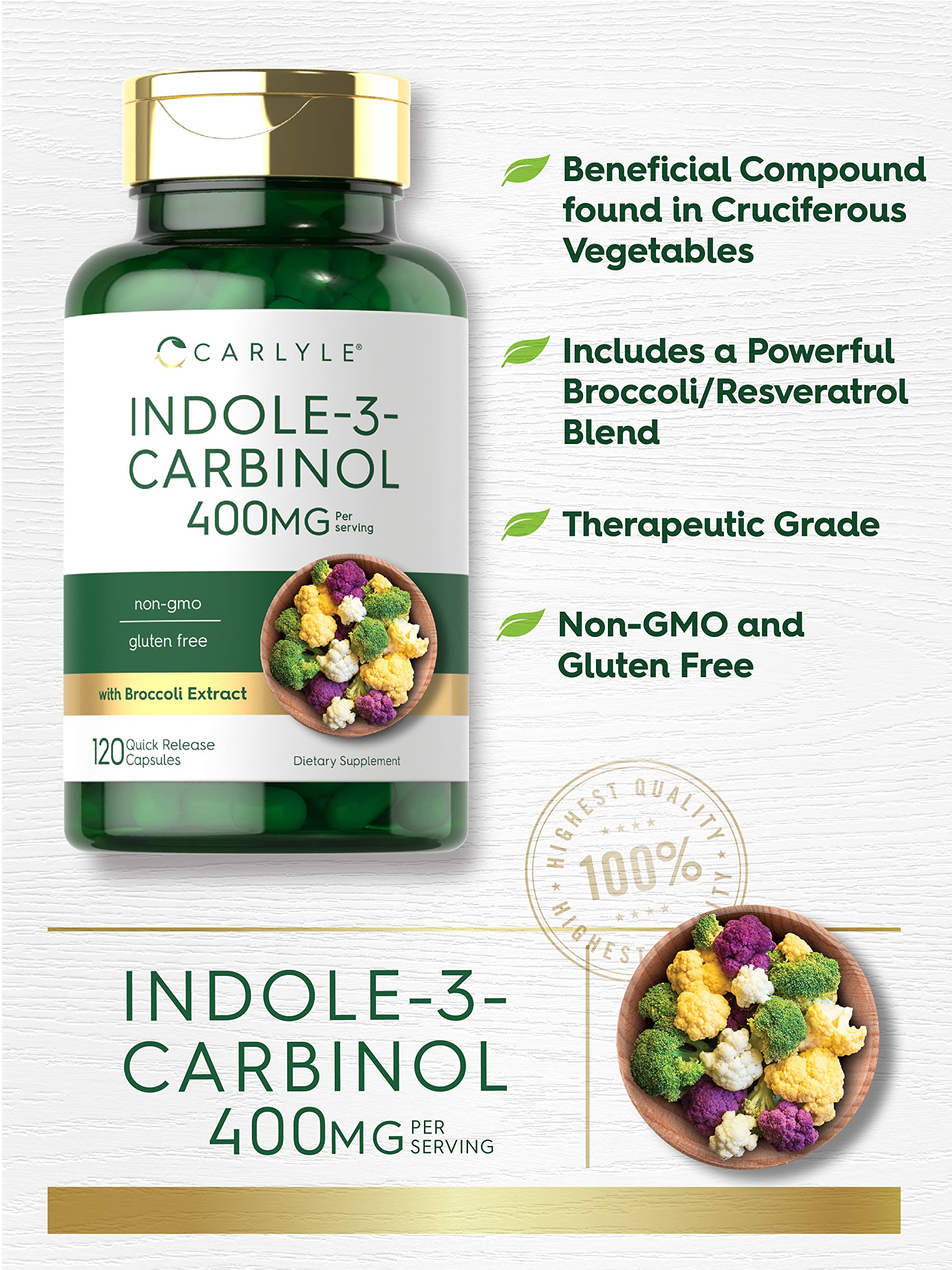 Bottle showing broccoli resveratrol blend components for antioxidant support