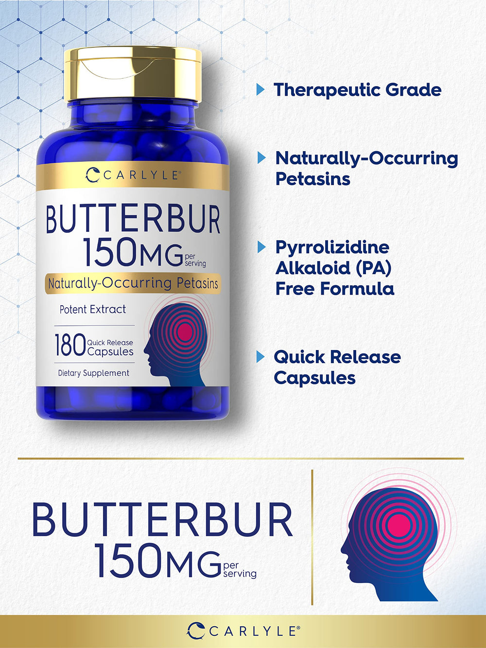 Carlyle Butterbur 180 capsules bottle on shelf for convenient use.