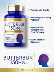 Carlyle Butterbur 180 capsules bottle on shelf for convenient use.
