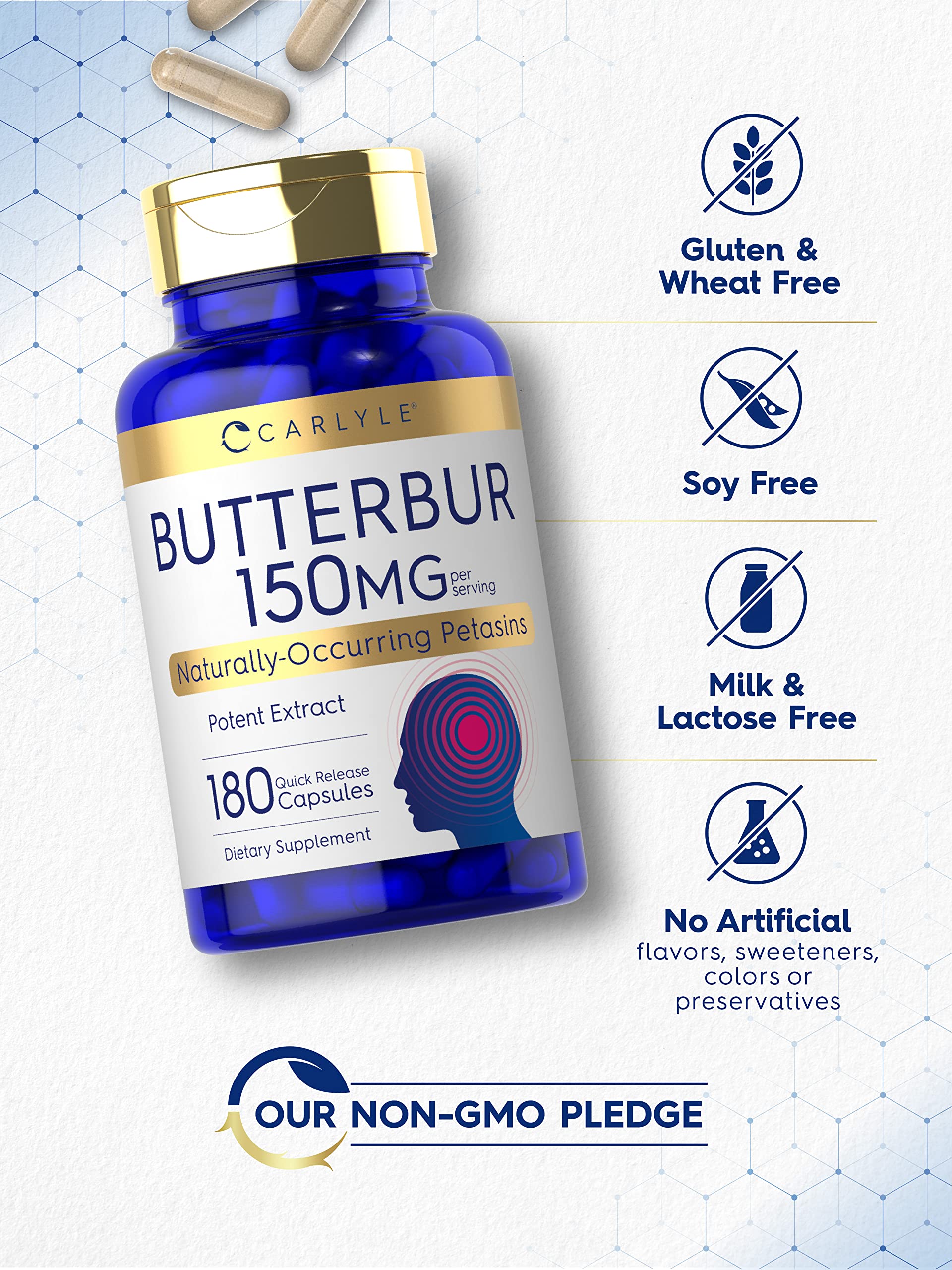 Carlyle Butterbur label closeup showcasing PA Free and non-GMO notes.