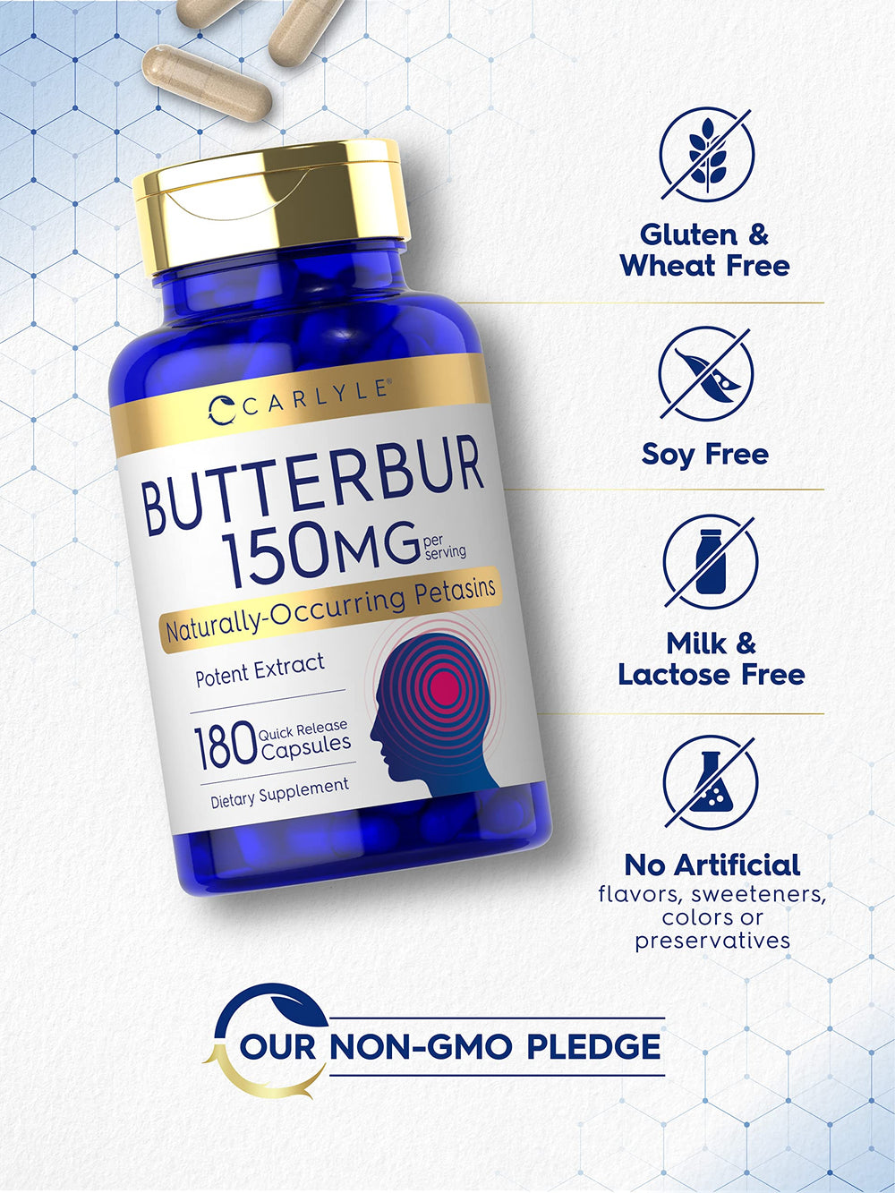 Carlyle Butterbur label closeup showcasing PA Free and non-GMO notes.
