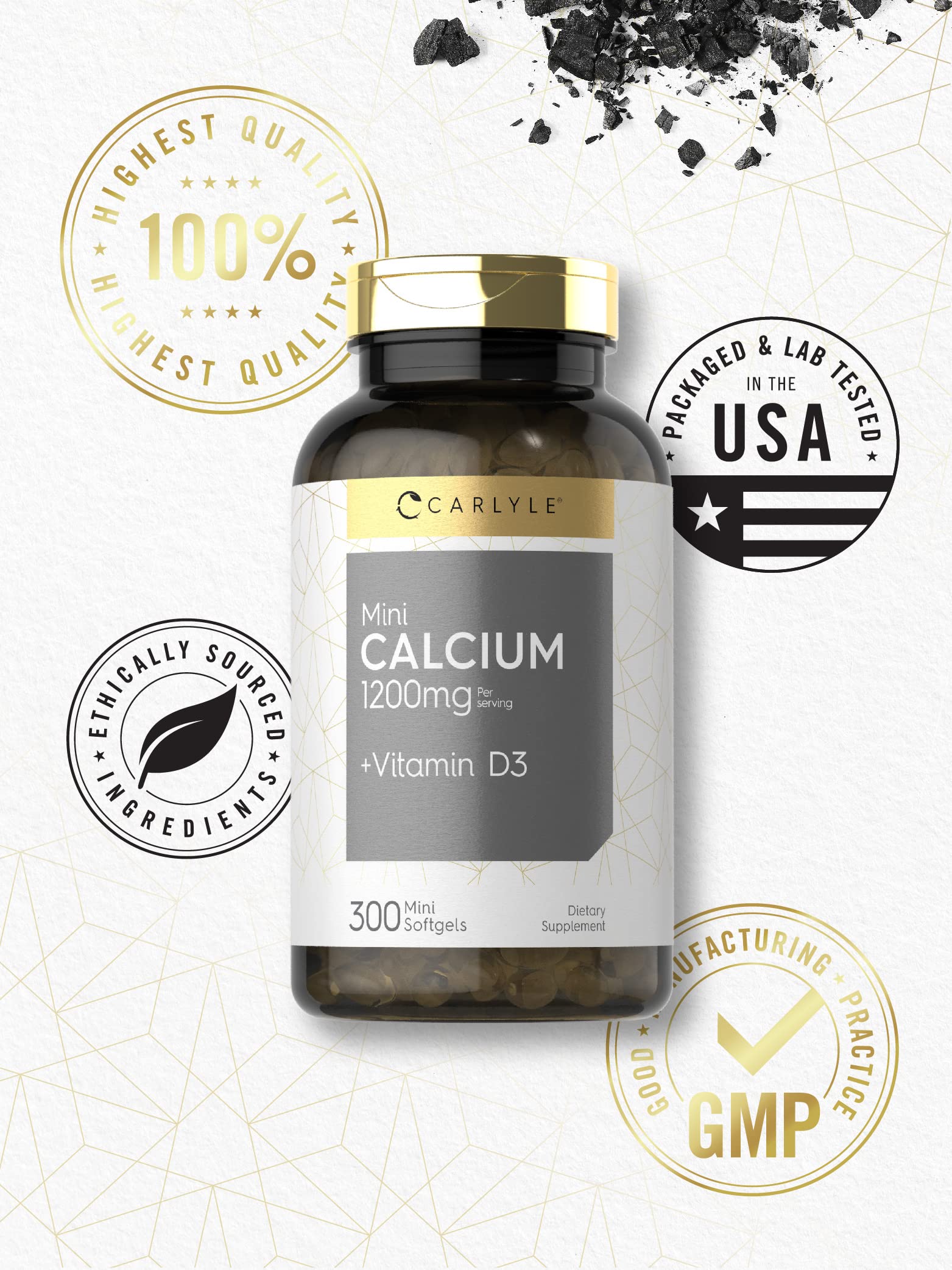 Carlyle Calcium 1200 mg ingredients label highlights non-GMO and gluten-free features.