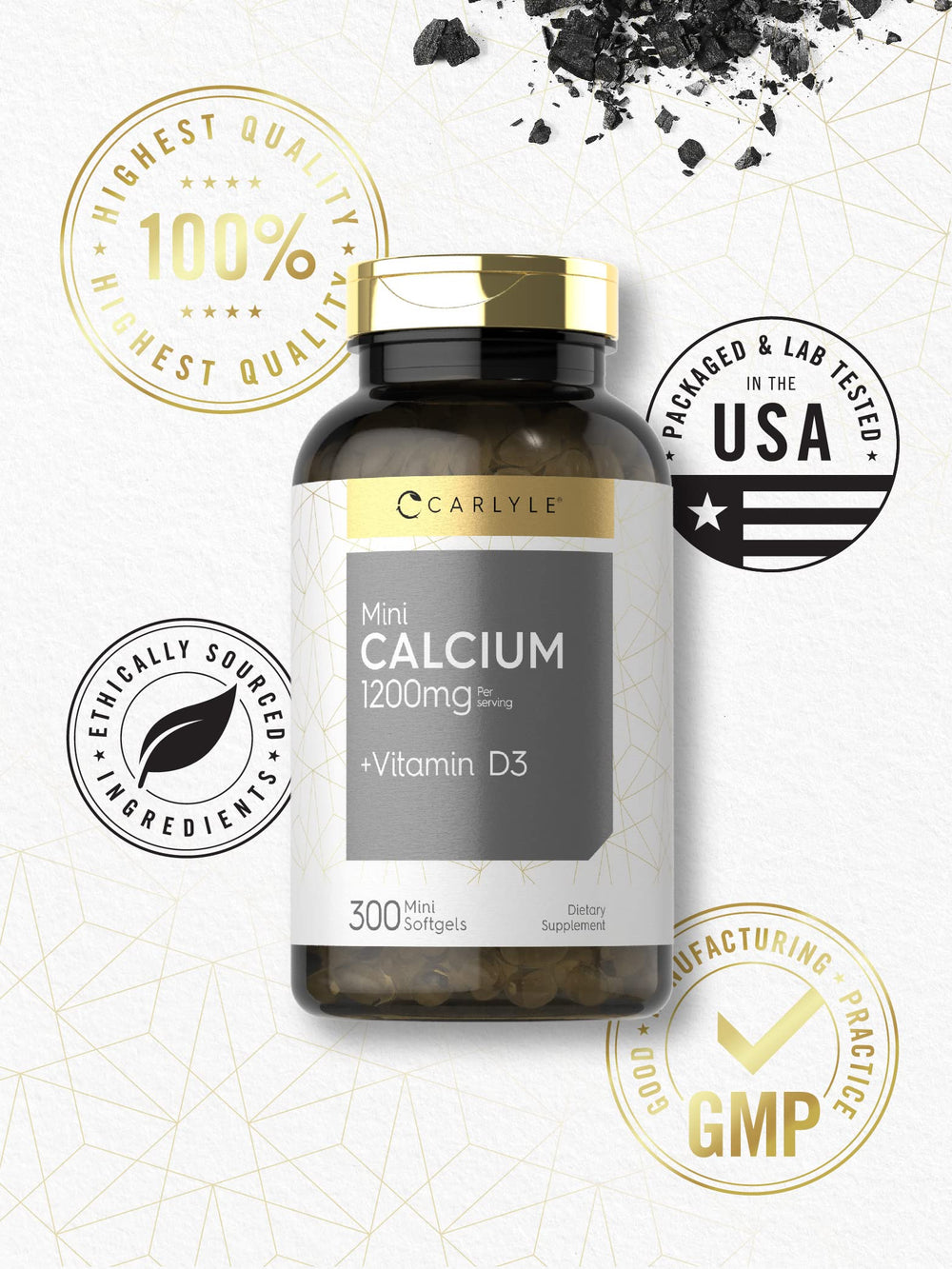 Carlyle Calcium 1200 mg ingredients label highlights non-GMO and gluten-free features.
