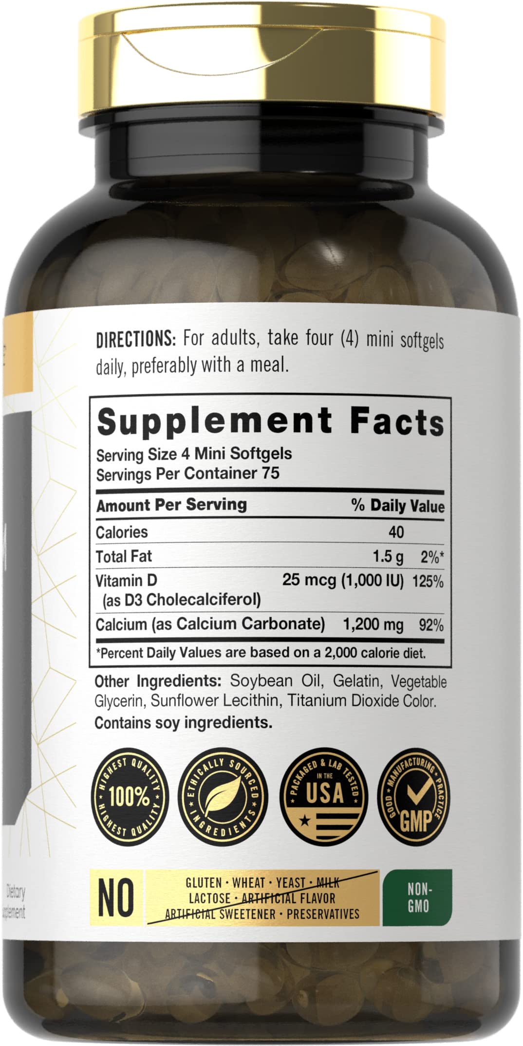 Carlyle Calcium 1200 mg softgels closeup highlighting the small, easy-to-swallow form.