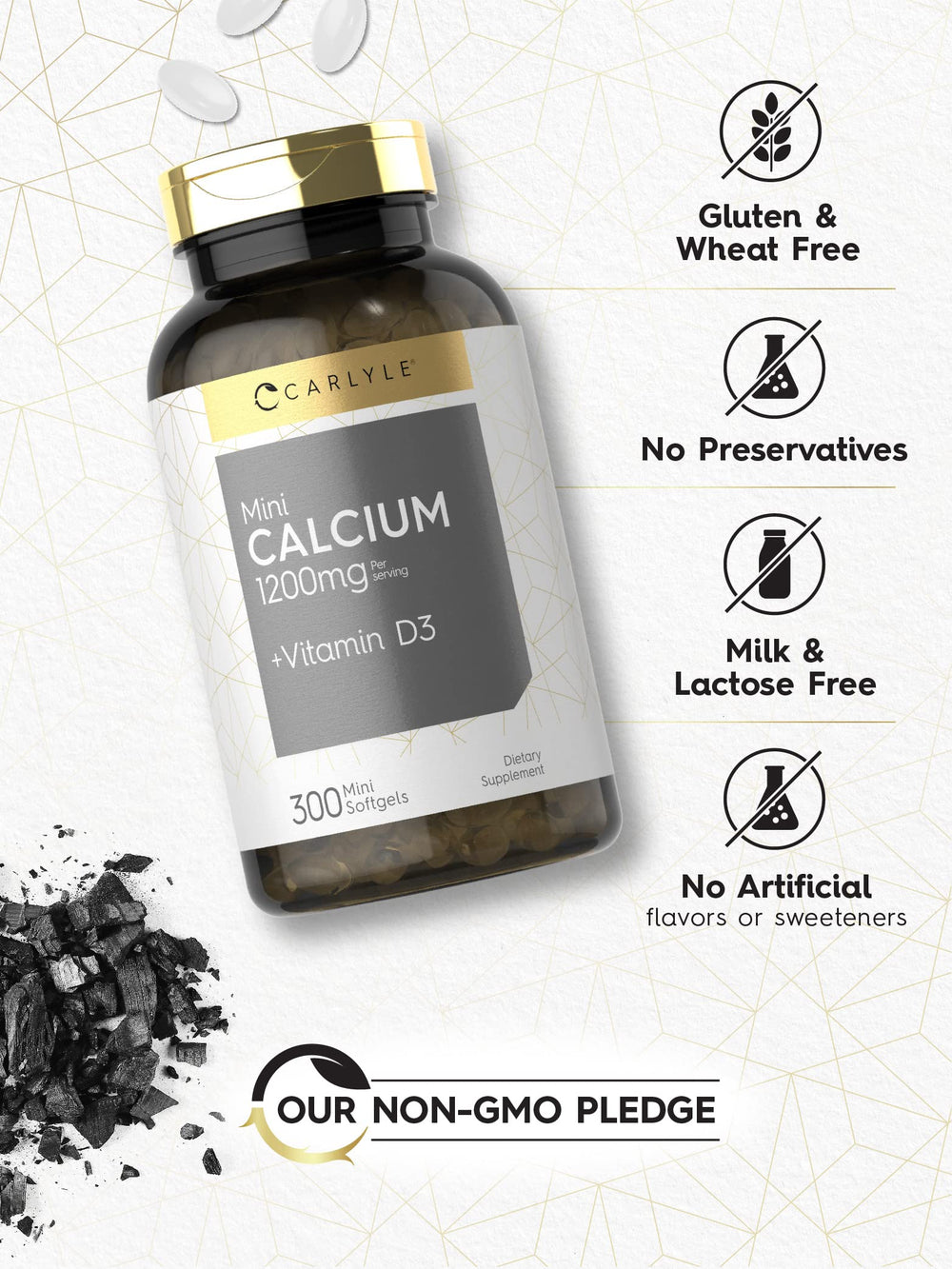 Carlyle Calcium 1200 mg with Vitamin D3 packaging emphasizes Vitamin D3 inclusion.