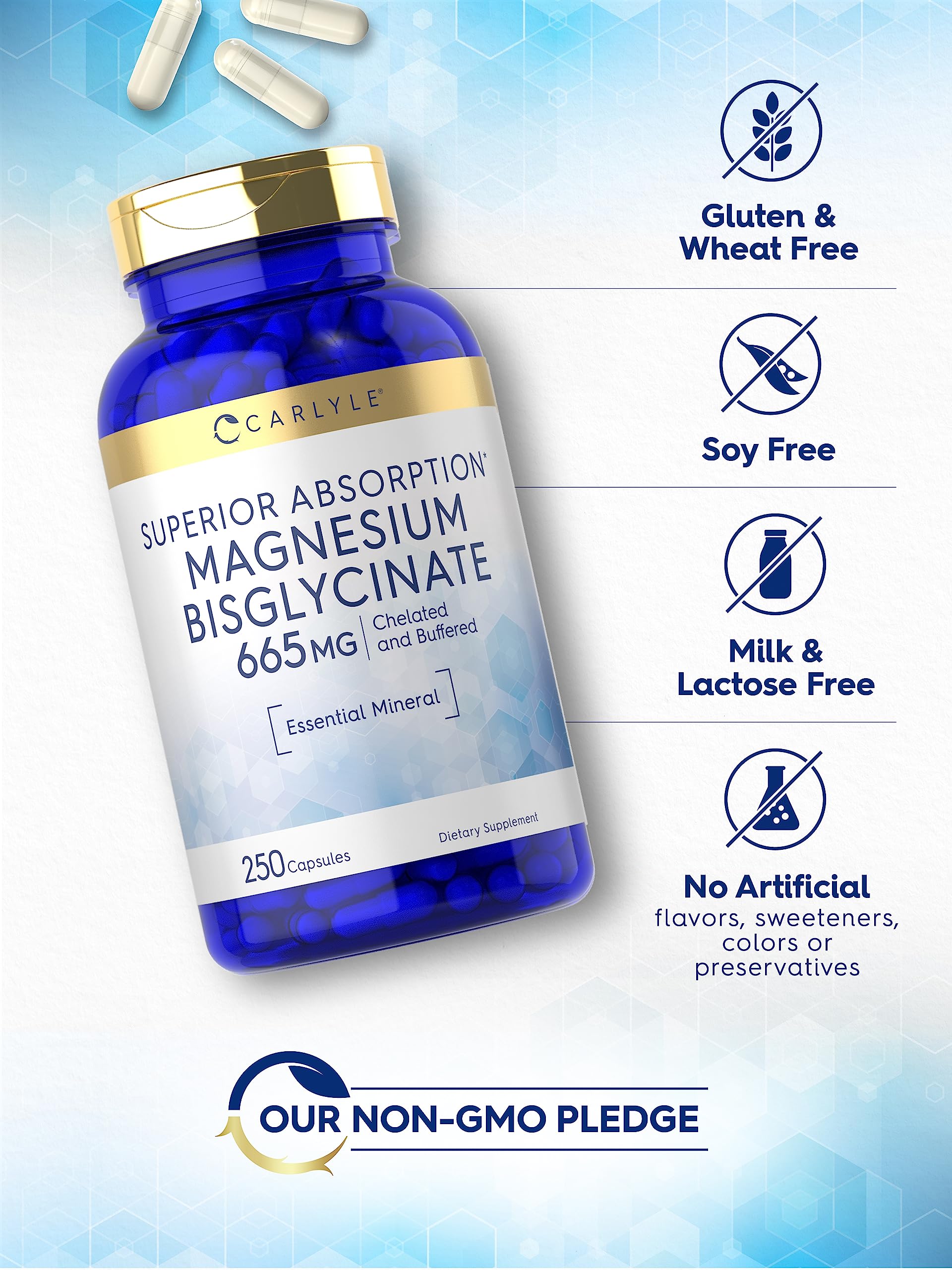 Carlyle Chelated mineral packaging showcases gluten-free, non-GMO supplement for daily use.