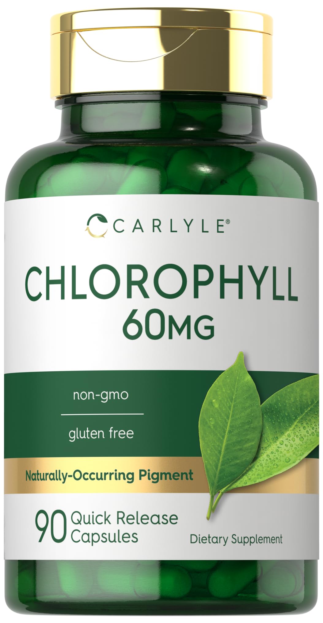 Carlyle Chlorophyll Pills bottle on countertop, gluten-free lifestyle support.