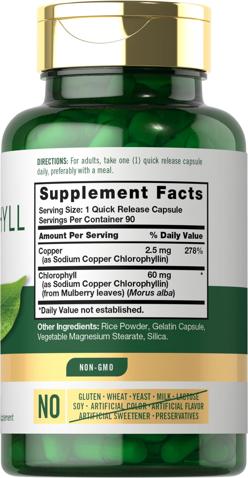 Carlyle Chlorophyll Pills capsules closeup showing green tablets, non-GMO formula.