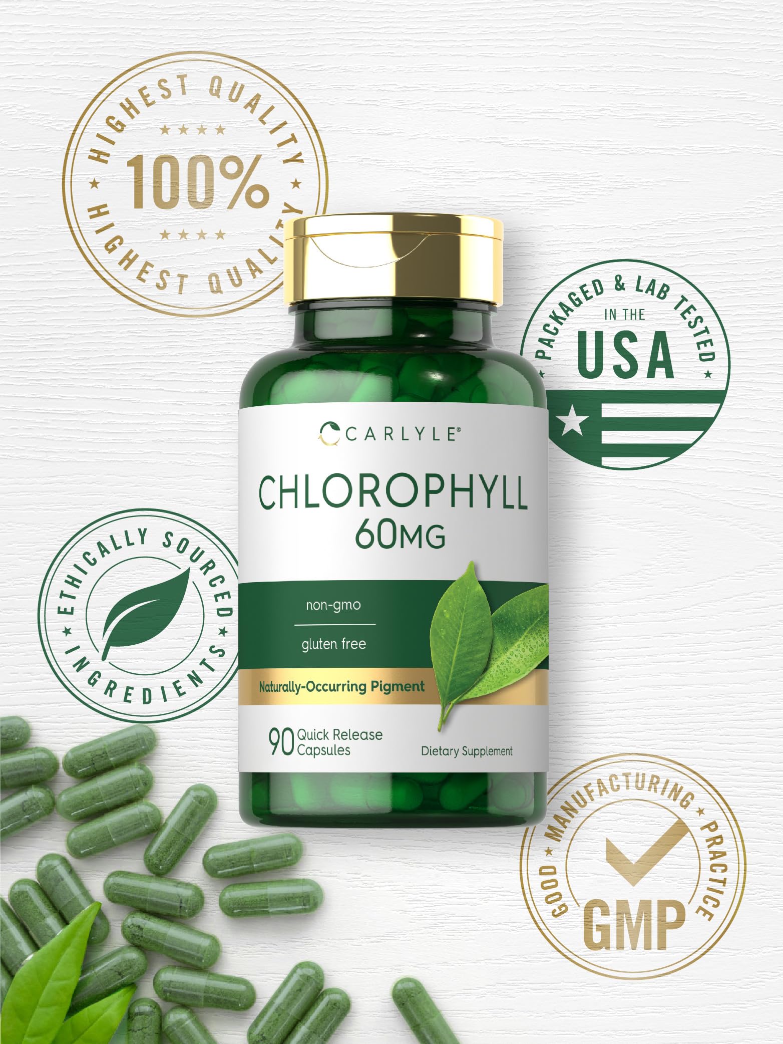 Carlyle Chlorophyll Pills mulberry leaf extract illustration on bottle label.