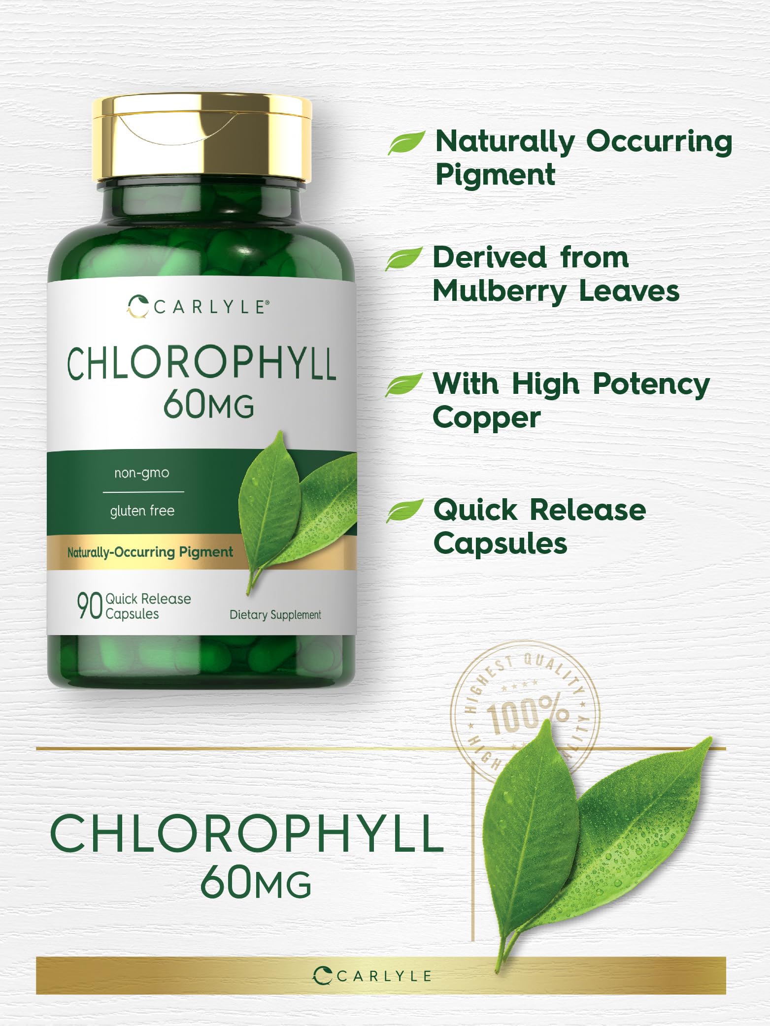 Carlyle Chlorophyll Pills packaging box highlighting purity and gluten-free claim.