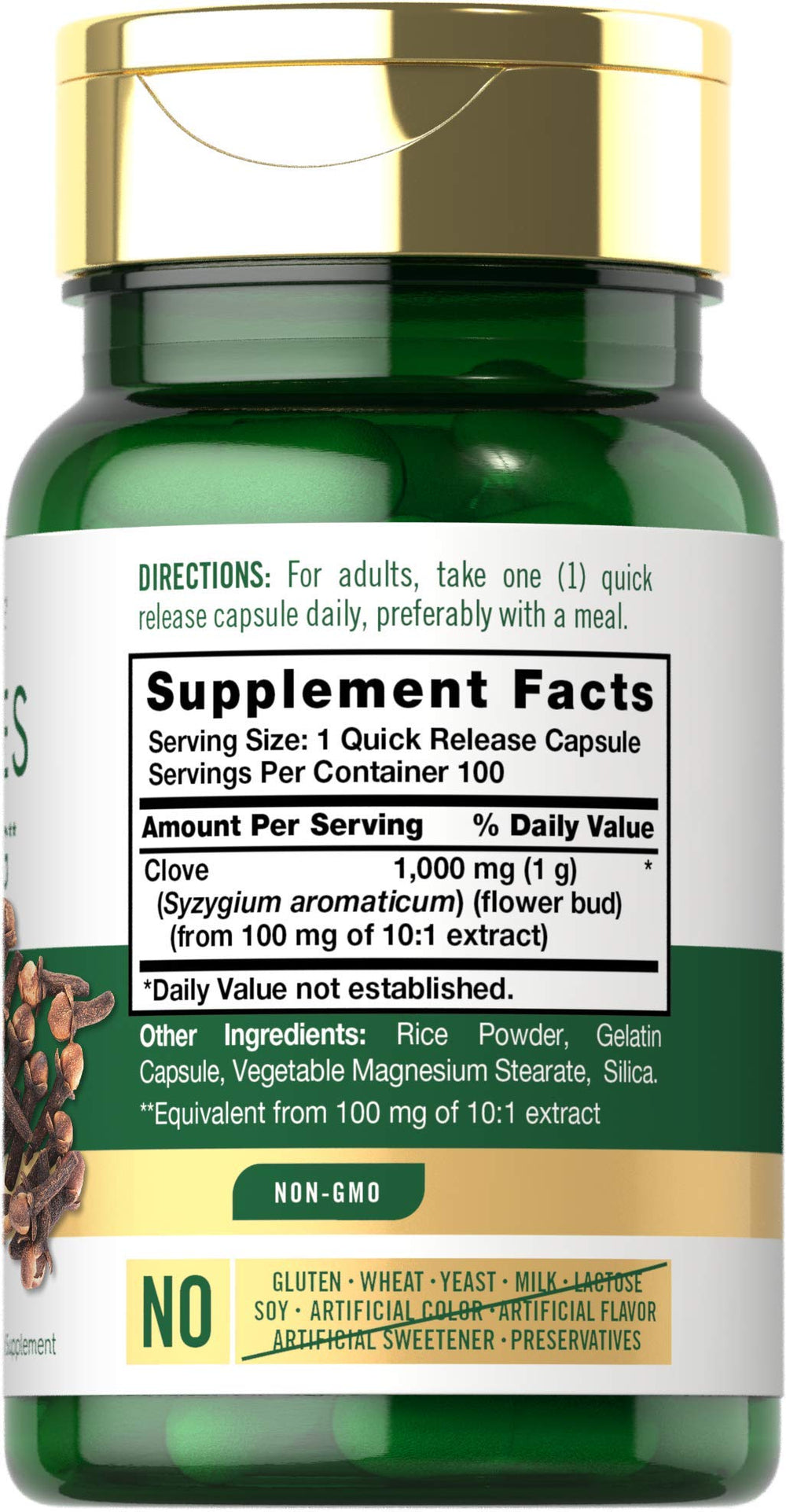 Carlyle Cloves Supplement bottle back reveals Non-GMO, gluten-free labeling