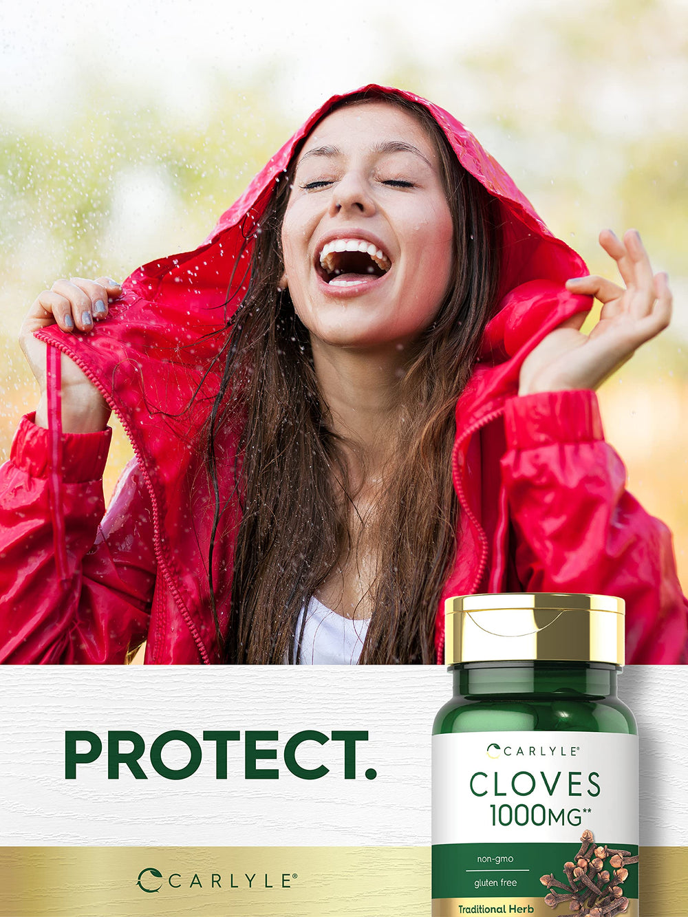 Carlyle Cloves Supplement packaging highlights gluten-free and non-GMO attributes