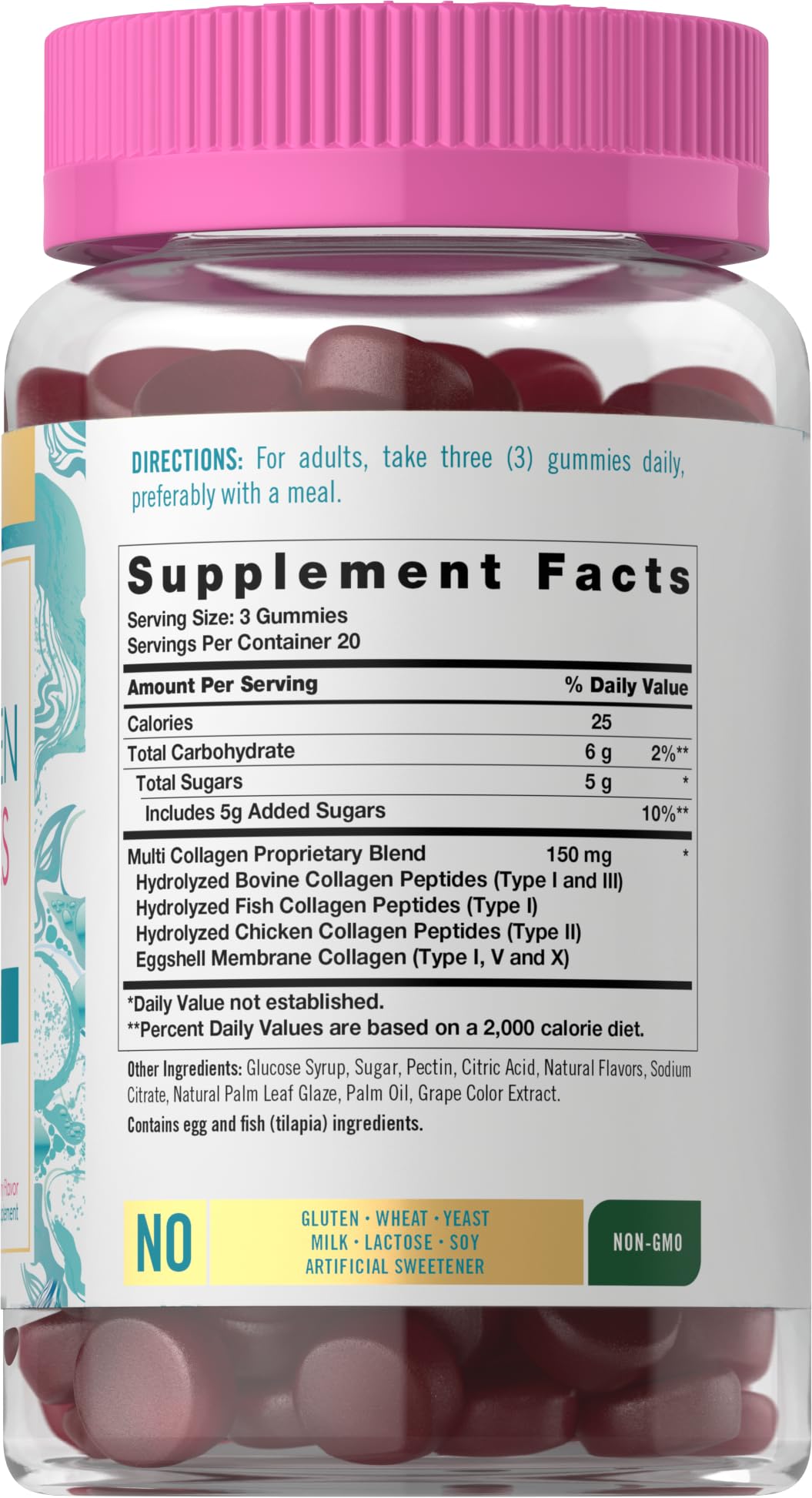 Carlyle Collagen Gummies bottle back nutrition panel listing collagen types I–X
