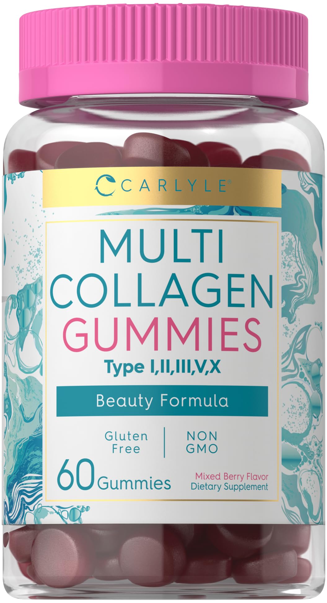 Carlyle Collagen Gummies bottle front with vivid mixed berry flavor