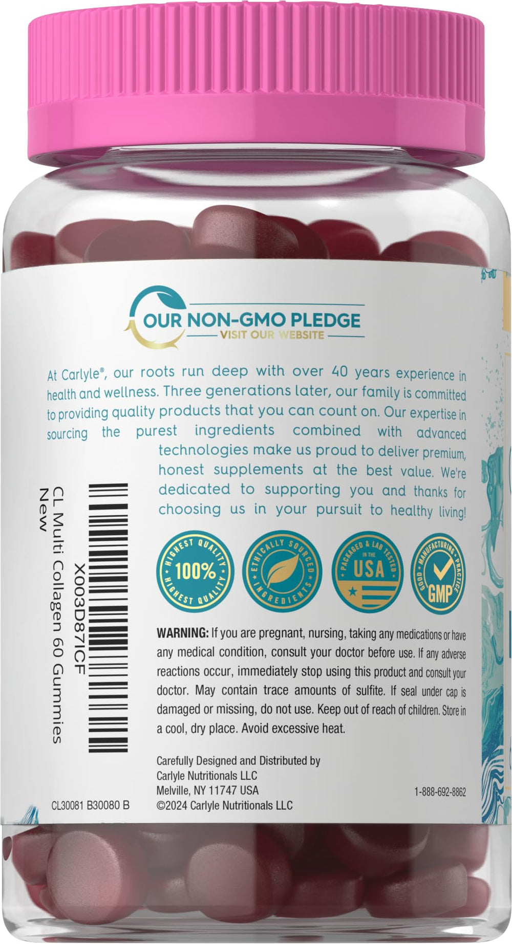 Carlyle Collagen Gummies jar closeup showing chewy texture and berry scent