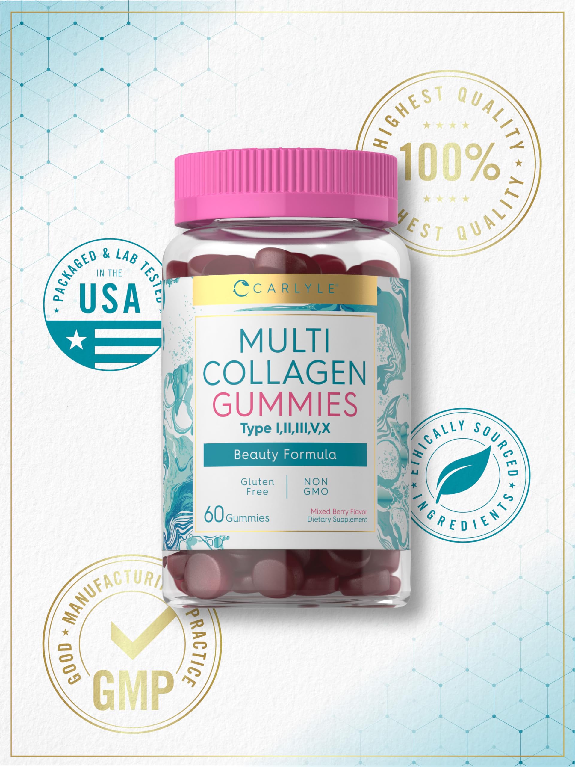 Carlyle Collagen Gummies label details highlight gluten-free and non-GMO claims