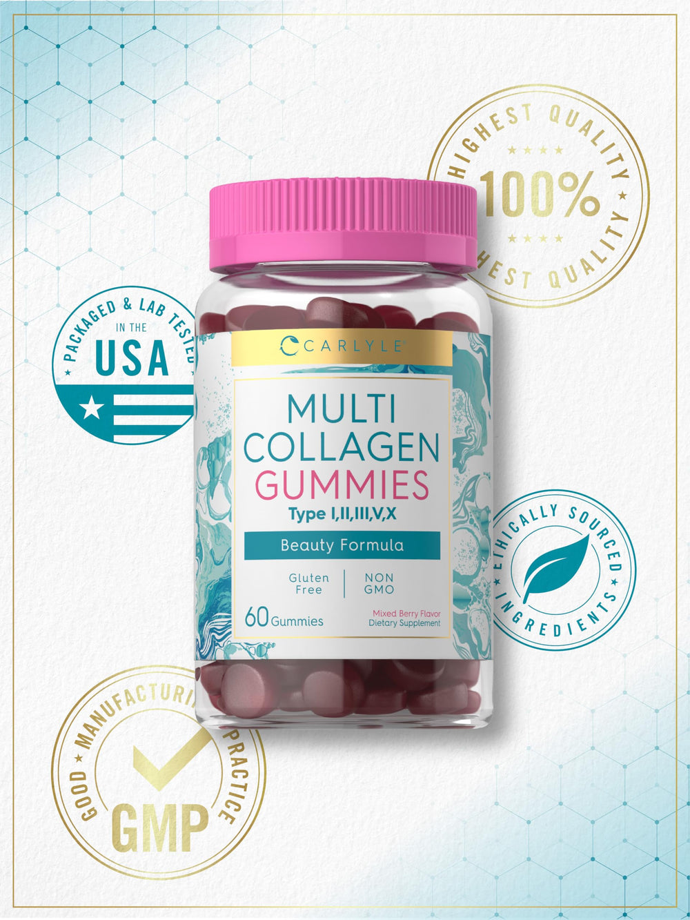 Carlyle Collagen Gummies label details highlight gluten-free and non-GMO claims