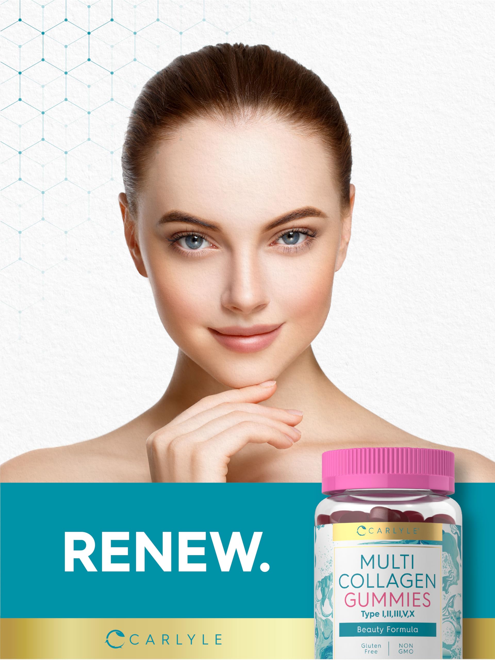 Carlyle Collagen Gummies icon set highlights gluten-free and non-GMO benefits for daily wellness