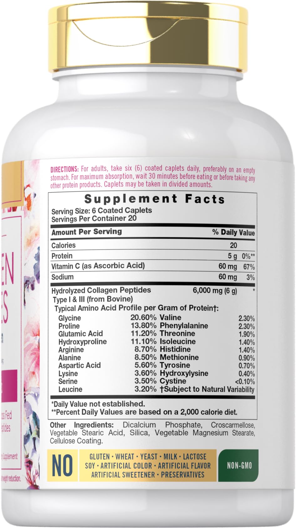 Carlyle Collagen Peptides caplets close-up shows high potency per serving.