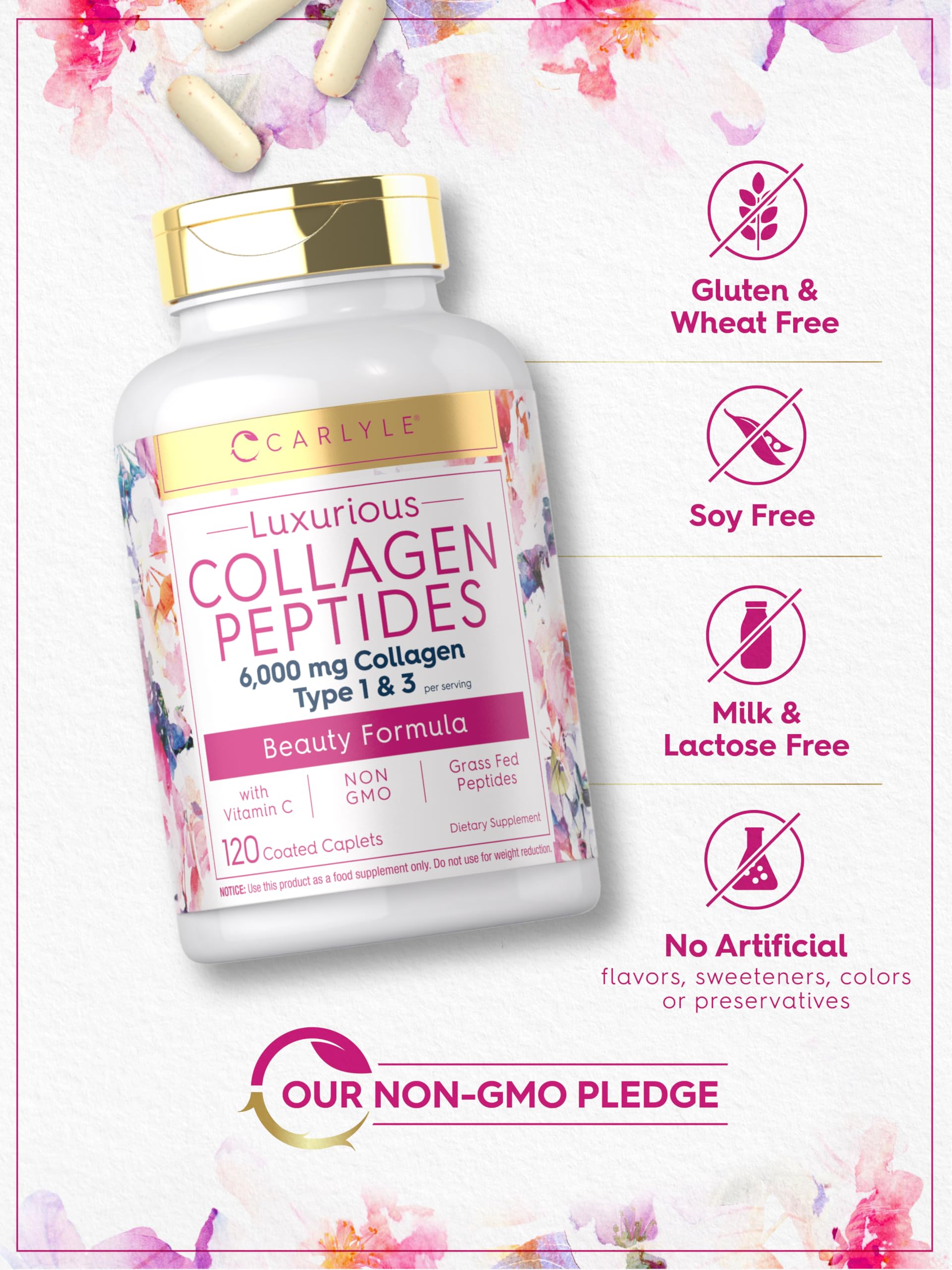 Carlyle Collagen Peptides gluten-free and non-GMO badge signals quality.