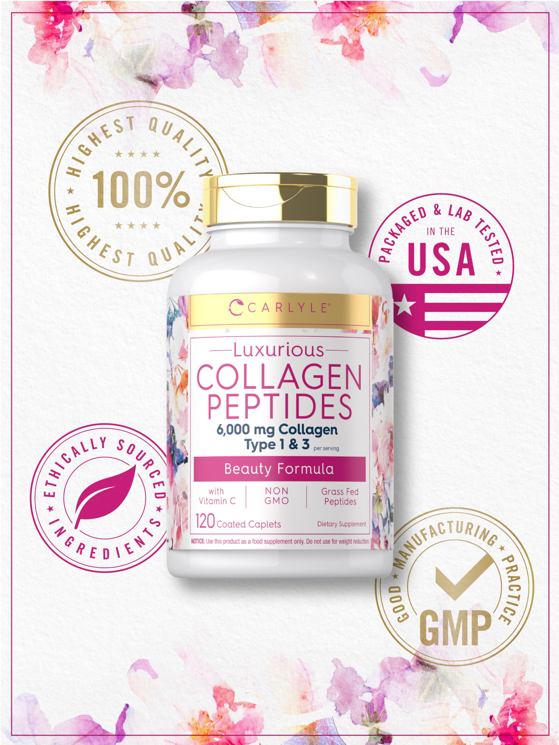 Carlyle Collagen Peptides lab-tested seal confirms ingredient integrity.