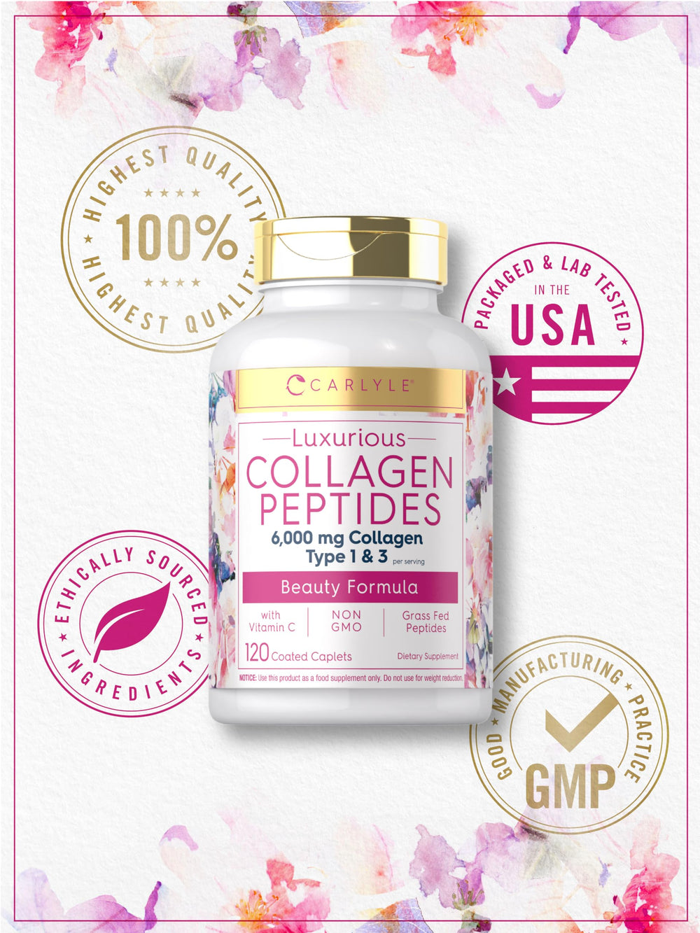 Carlyle Collagen Peptides lab-tested seal confirms ingredient integrity.