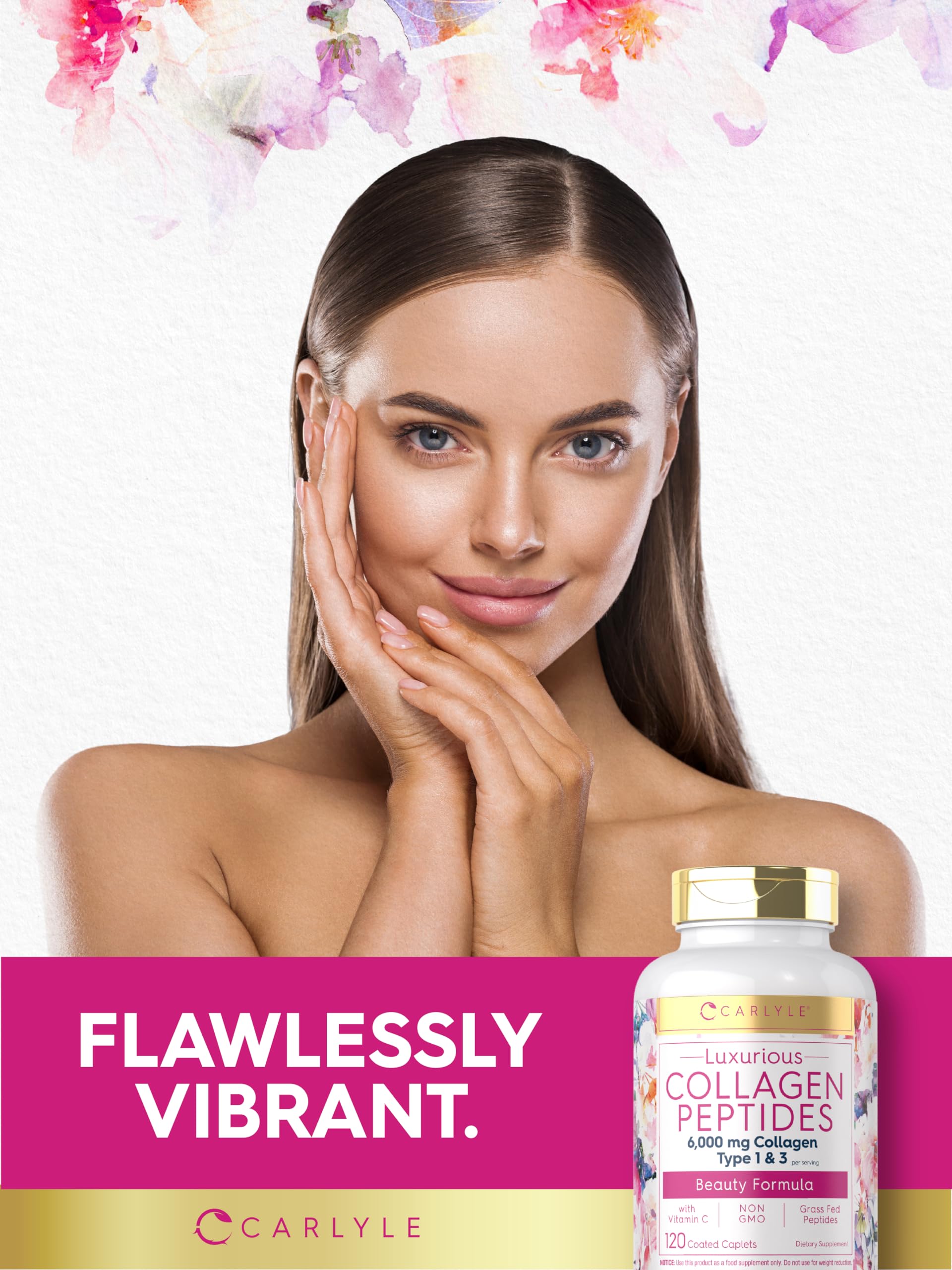 Carlyle Collagen Peptides serving instructions graphic suggests easy daily use.