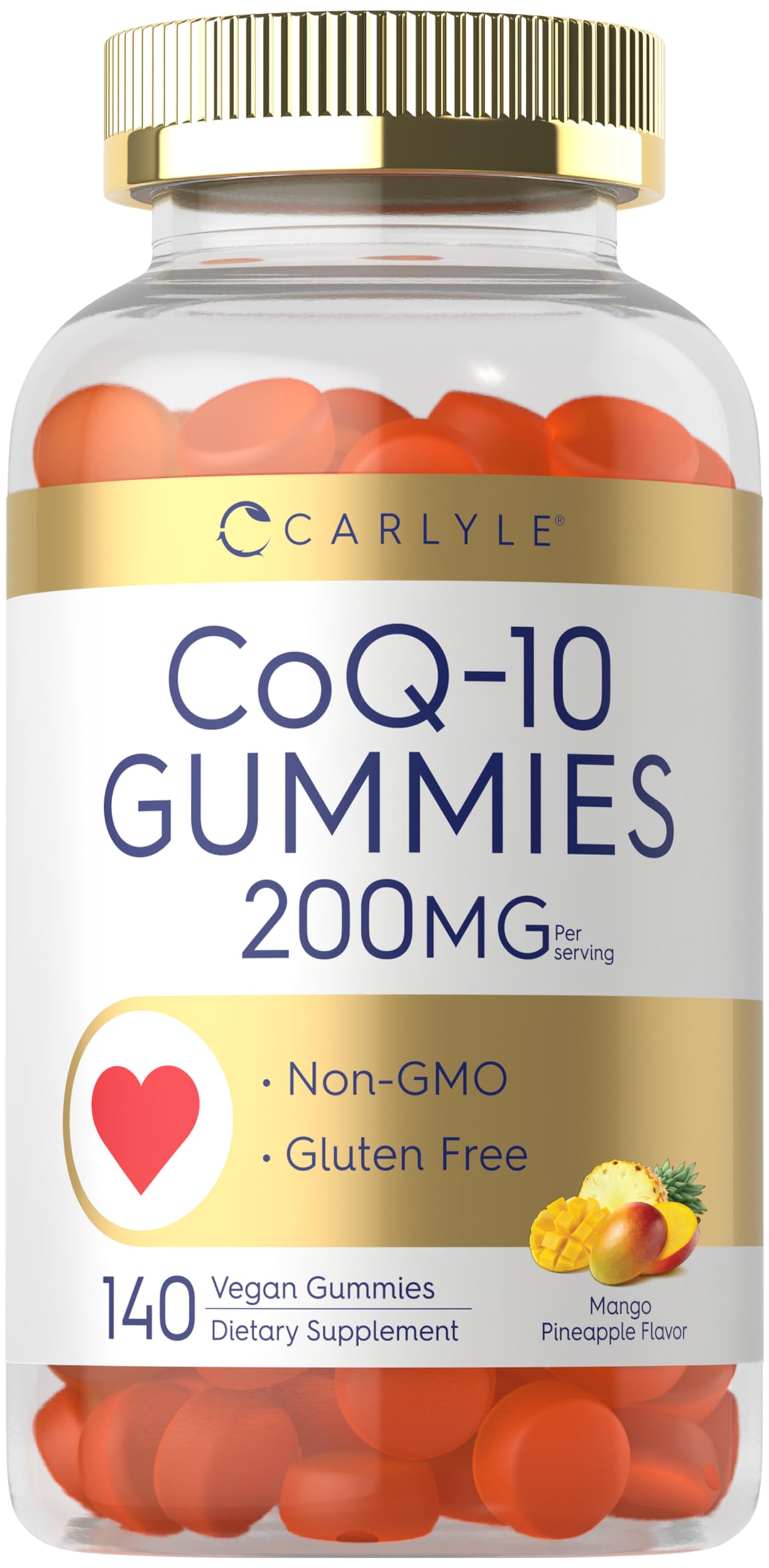Carlyle CoQ10 gummies bottle with mango pineapple flavor, vegan and gluten-free daily support.