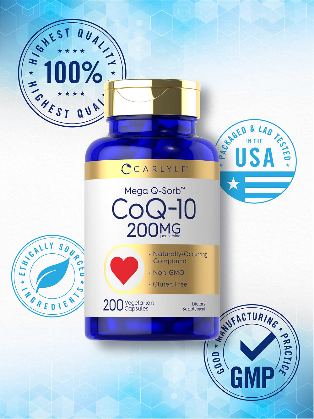 Carlyle CoQ10 200mg Mega Q-Sorb bottle close-up of packaging