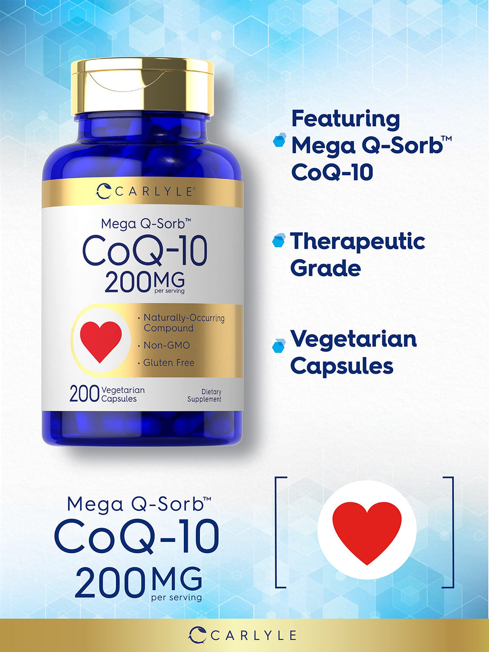 Carlyle CoQ10 200mg Mega Q-Sorb label gluten-free and non-GMO