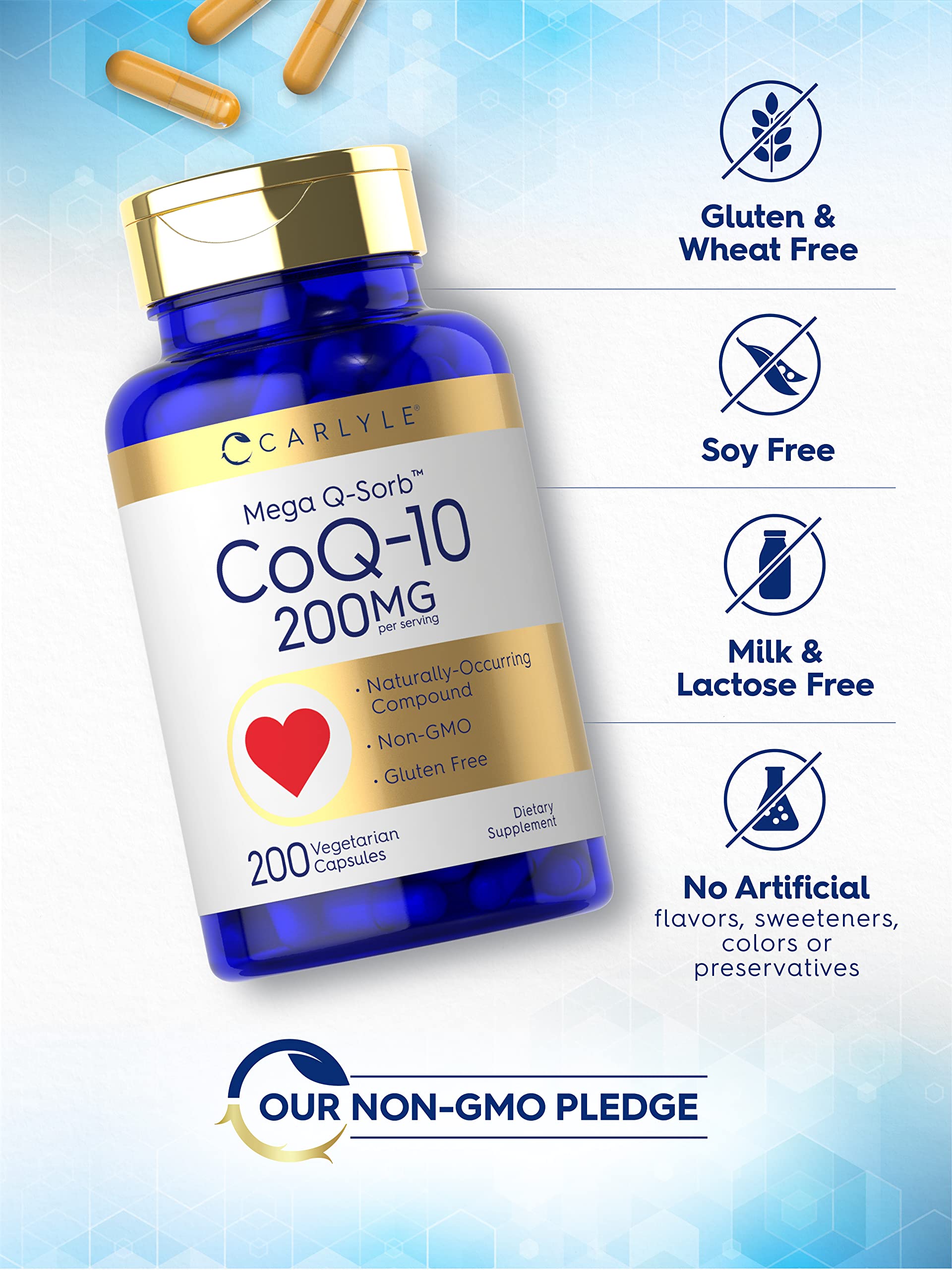 Carlyle CoQ10 200mg Mega Q-Sorb label shows non-GMO and gluten-free claims