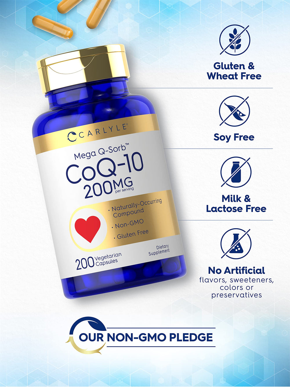 Carlyle CoQ10 200mg Mega Q-Sorb label shows non-GMO and gluten-free claims