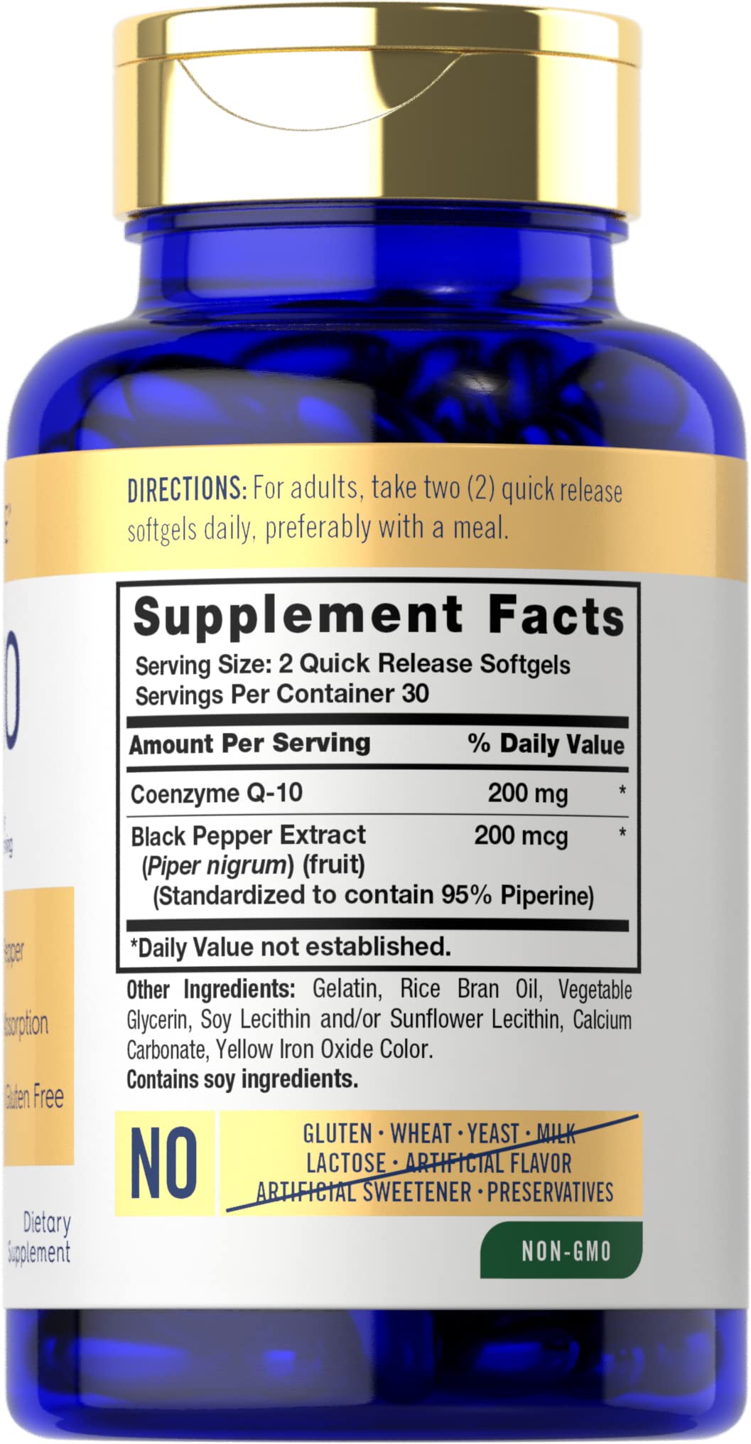 Carlyle CoQ10 200mg softgels label closeup, premium non-GMO formula