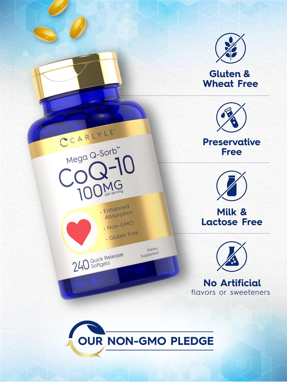 Carlyle CoQ10 240-count bottle for long-term daily use.