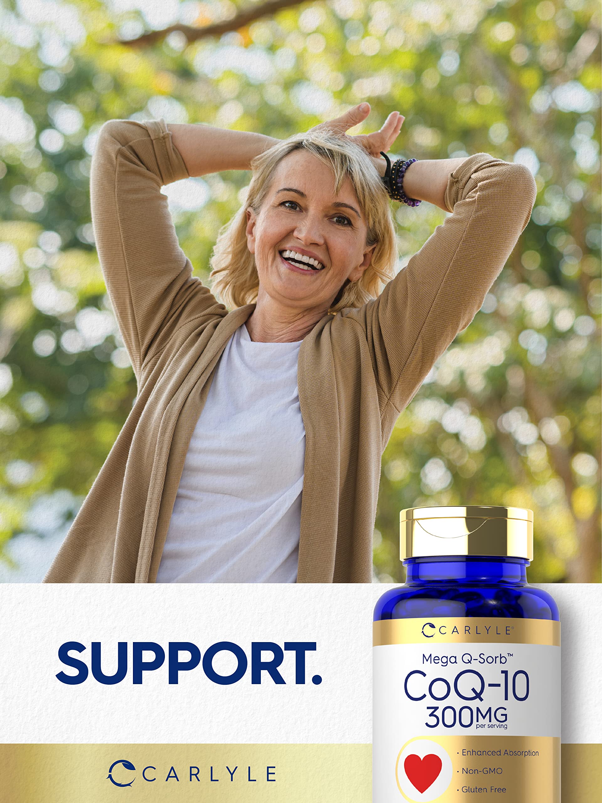 Carlyle CoQ10 300mg ingredients note Black Pepper Extract for absorption.