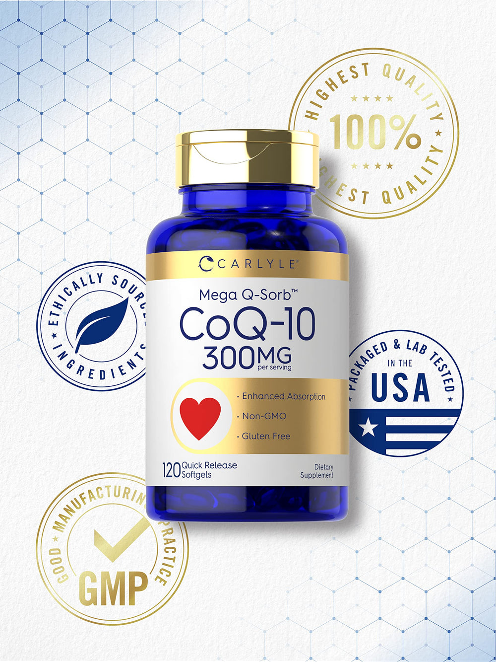 Carlyle CoQ10 300mg bottle dispensing a softgel for portability.
