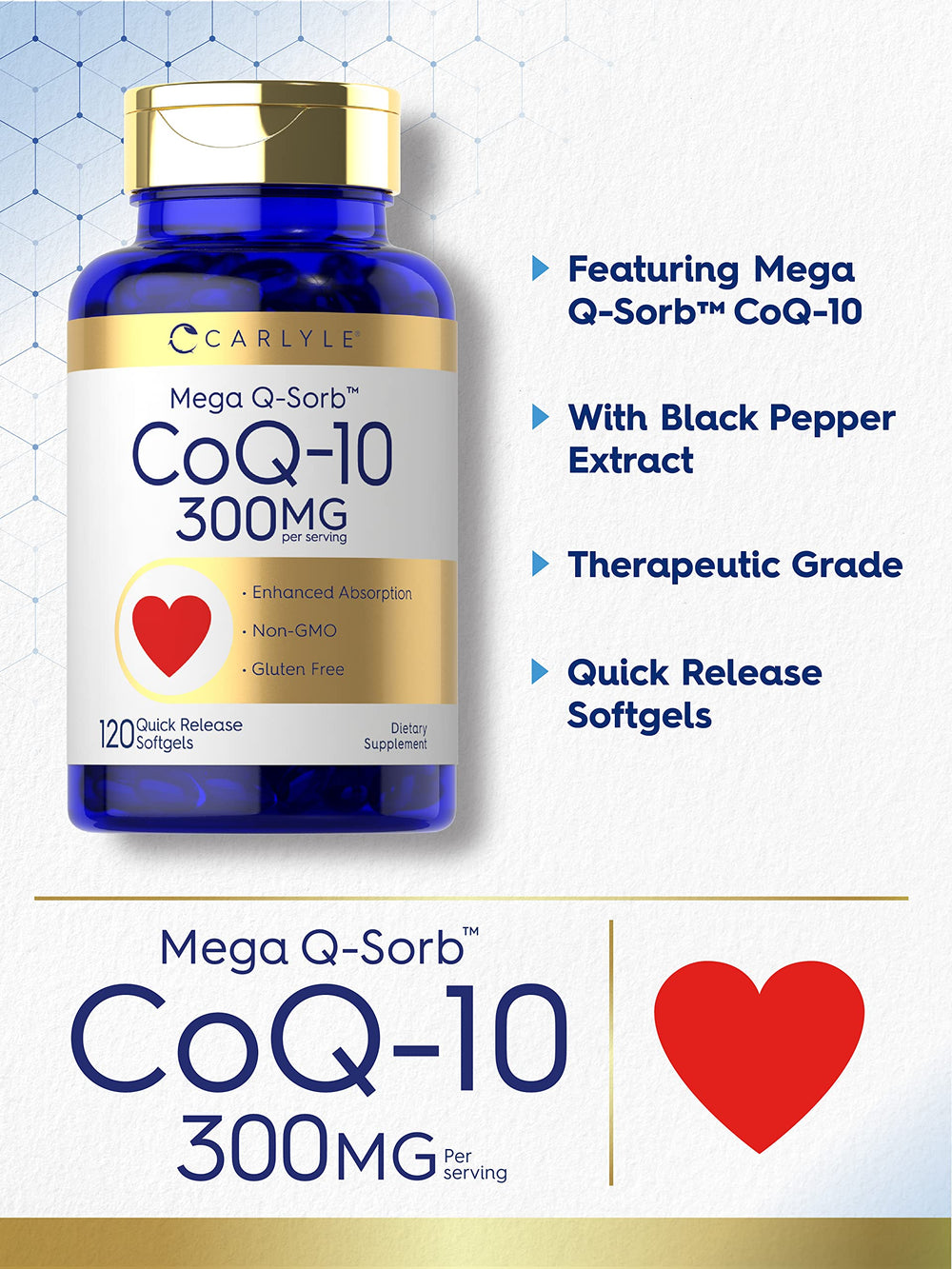 Carlyle CoQ10 300mg bottle label closeup highlights Mega Q-Sorb.