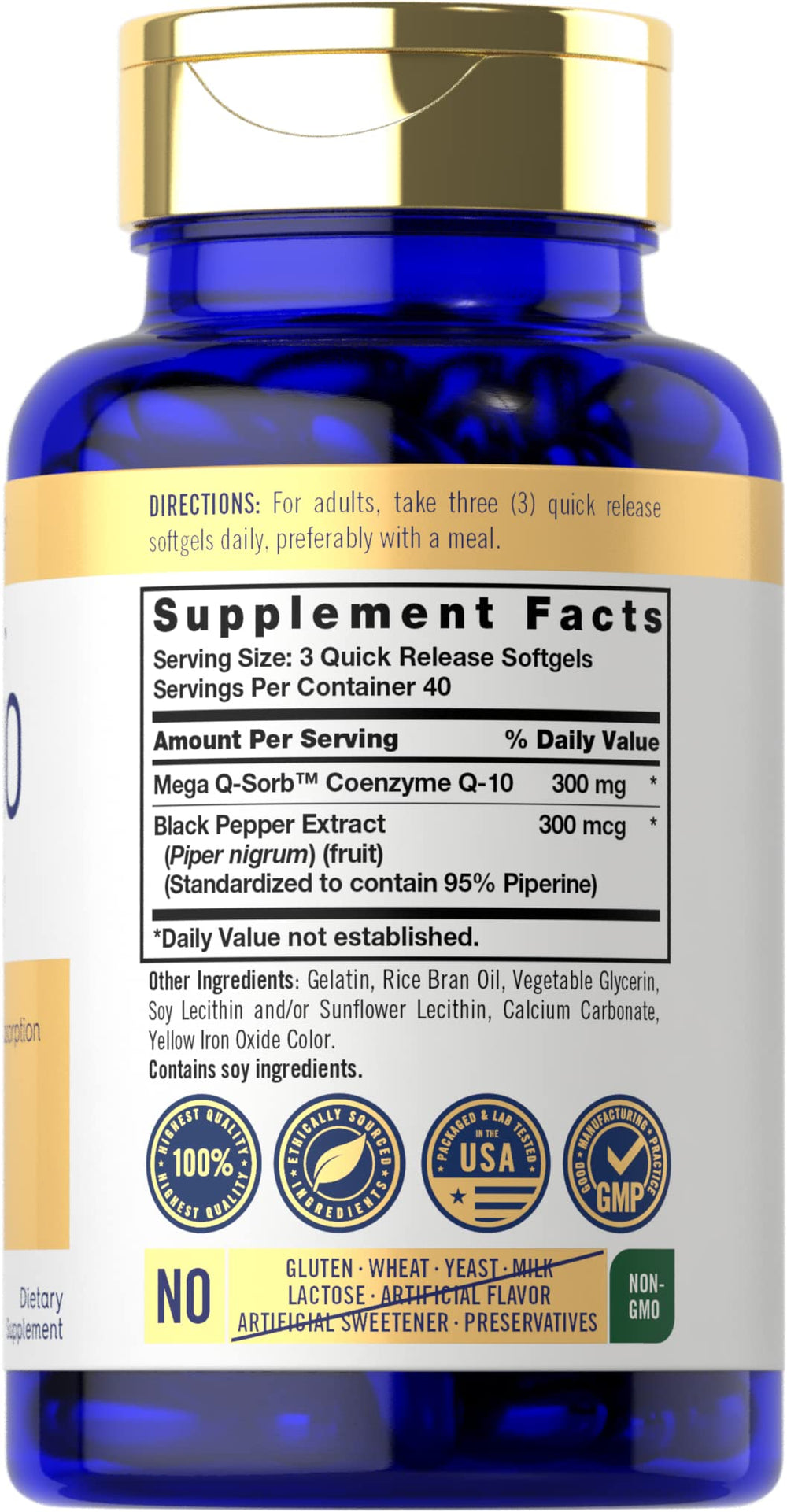 Carlyle CoQ10 300mg softgels, back view showing label details.