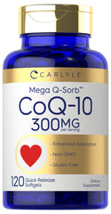 Carlyle CoQ10 300mg Mega Q-Sorb softgels, front view for daily supplementation.