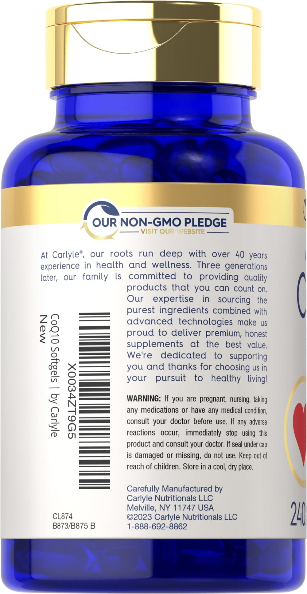 Carlyle CoQ10 bottle featuring black pepper extract for absorption.