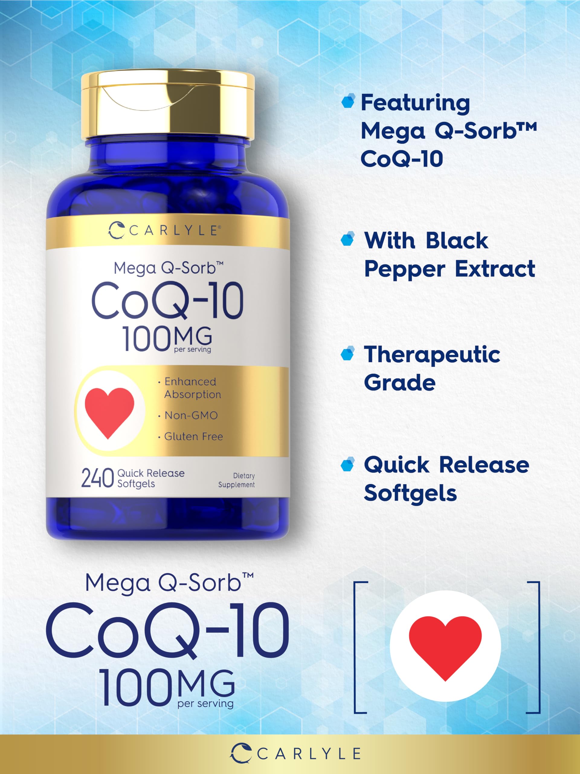 Carlyle CoQ10 gluten-free label indicates non-GMO status.