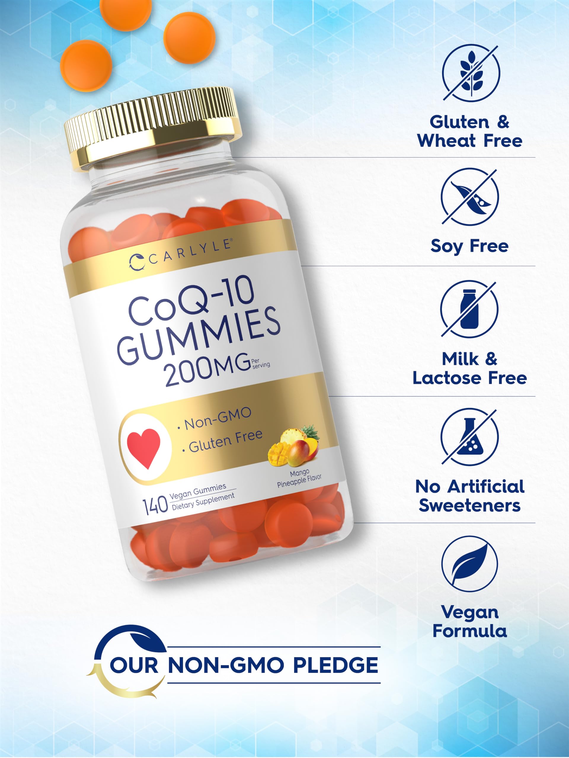 Carlyle CoQ10 gummies mango pineapple color showcasing natural flavor.
