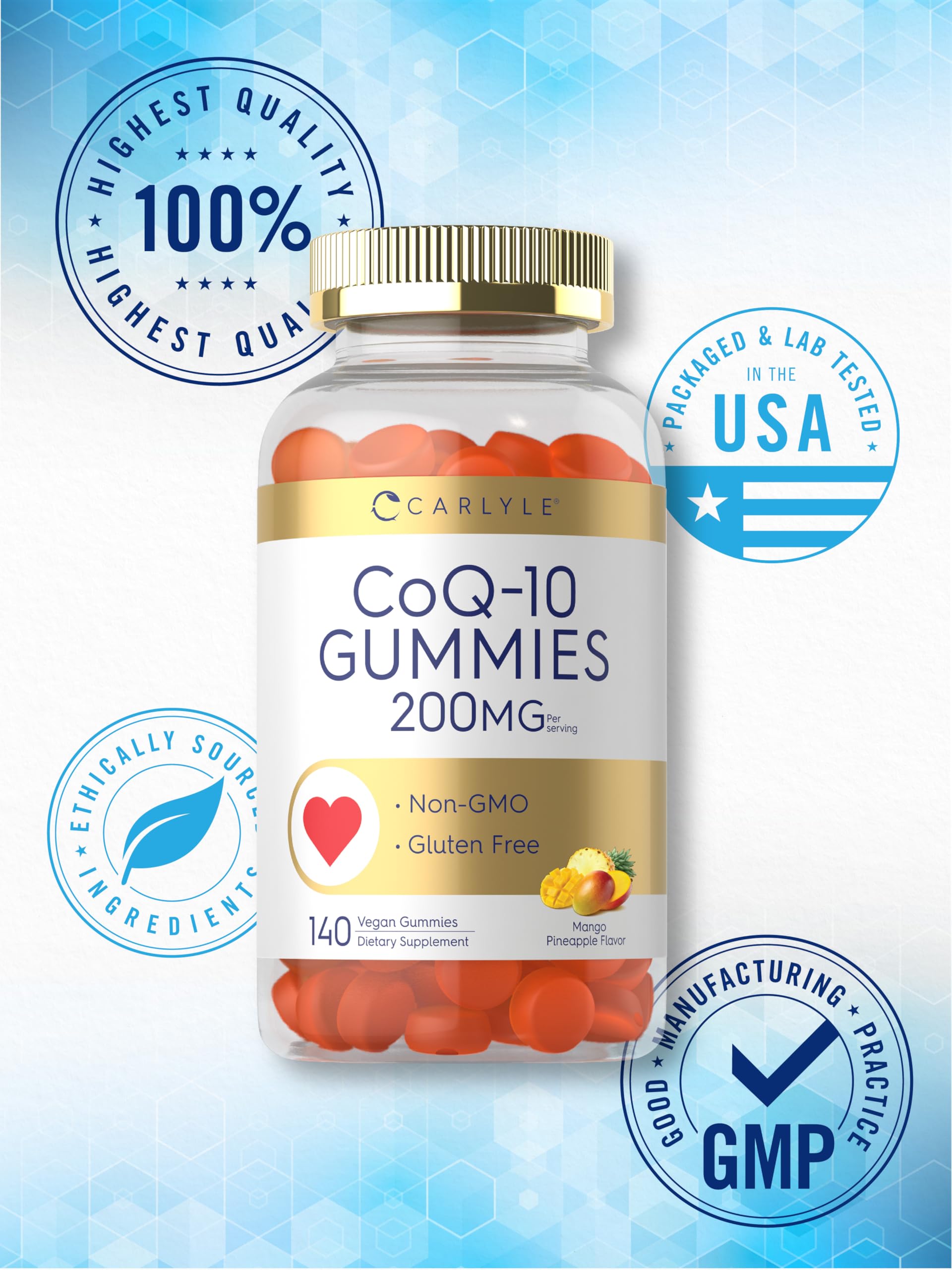 Carlyle vegan CoQ10 gummies in blister pack showing non-GMO badge.